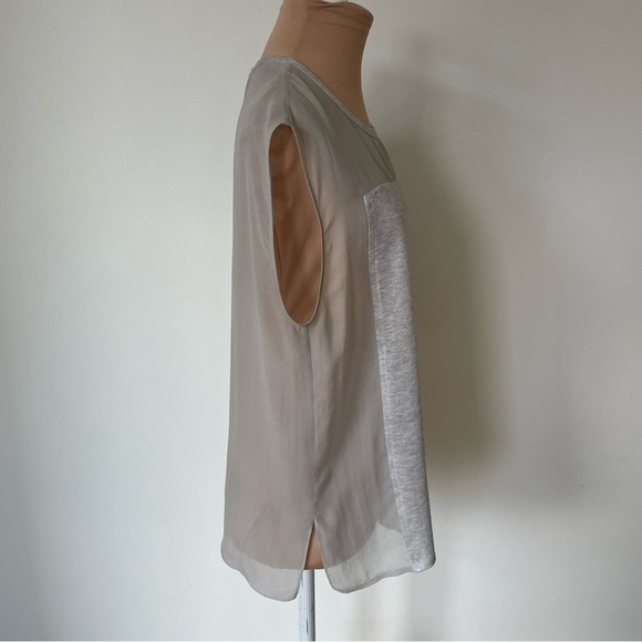 Helmut Lang Dash Silk-Chiffon Combo Gray Round Neck Semi Sheer Blouse Size Small - Picture 5 of 8